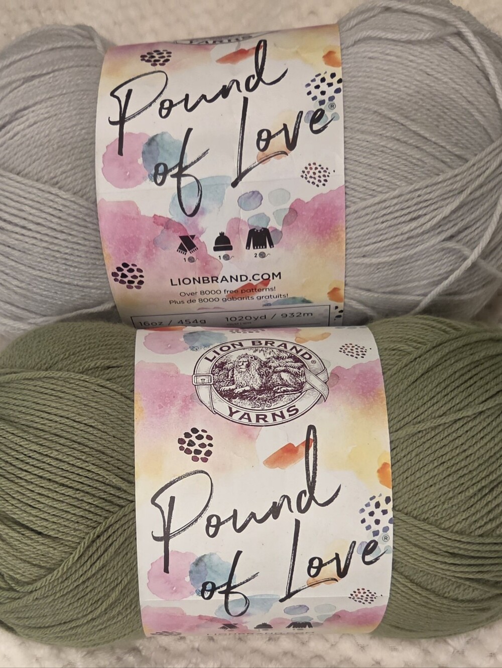 Lion Brand Pound of Love Yarn - Sage Green & Light Gray